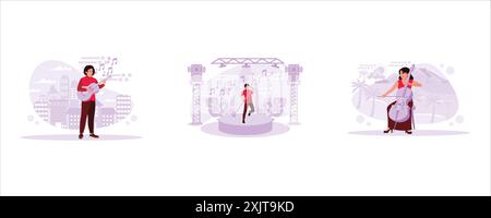Street musician playing acoustic guitar. Soloist singing energetically on stage. The female cellist plays the cello with confidence. Trend Modern vect Stock Vector