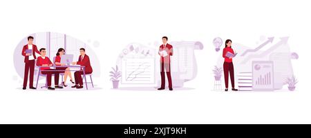 Business project innovation. Financial analysis, stocks, professional. Young businesswoman taking notes, analyzing graphs and charts. Trend modern vec Stock Vector