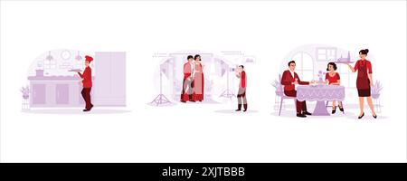 The chef is ready to serve food. young photographer is photographing a young couple with his camera in a studio. Female waitress delivering food to a Stock Vector