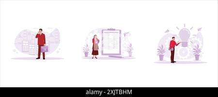 Young man standing in a tall building carrying a bag and taking a call. Focused woman in glasses writing notes. Man in a tie carrying documents and th Stock Vector