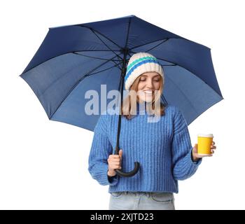 Woman with blue umbrella and paper cup on white background Stock Photo