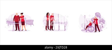 Nurses help elderly patients walk with crutches. Grandson helping grandfather walk with a cane. Husband pushing wife wheelchair. Trend Modern vector f Stock Vector