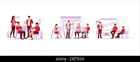 The business team has meetings in the boardroom, discussing graphs, diagrams, and charts and thinking about new business ideas. Meeting and conference Stock Vector