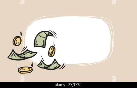 Flying money and coins icon. Simple vector background with place for text for price tag. Business, finance concept. Stock Vector
