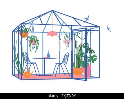 Garden chairs and a table for relaxing inside the greenhouse.Glass construction for the garden. Potted plants and flowers in pots. A place for recreat Stock Vector