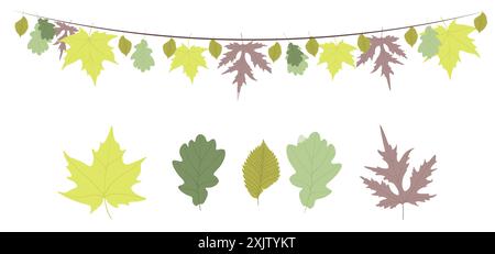 Set of autumn leaves of maple, oak and birch. A set of autumn leaves and a garland of them. Group of objects on a white isolated background Stock Photo