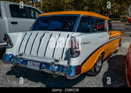 Gulfport, MS - October 01, 2023: High perspective rear corner view of a 1956 Chevrolet Bel Air Nomad Station Wagonat a local car show. Stock Photo