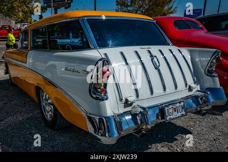 Gulfport, MS - October 01, 2023: High perspective rear corner view of a 1956 Chevrolet Bel Air Nomad Station Wagonat a local car show. Stock Photo