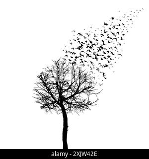 Tree silhouette and flying birds. hand drawing. Not AI Vector Stock Vector