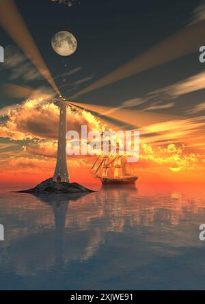 Lighthouse & Sailing Ship Stock Photo