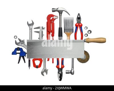 A set of tools isolated on pure white in a stylish arrangement. The saw in the middle can be used as copy space Stock Photo