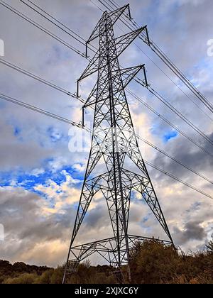 Electricity high voltage pylon in UK at sunset Stock Photo