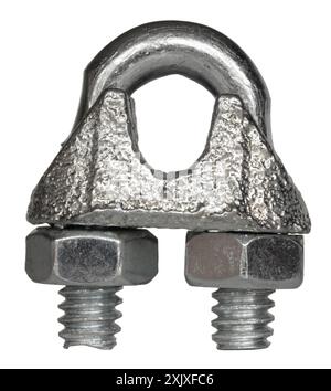 Isolated steel cable or wire clamp, often used for guy wires on a pole or antenna, seen in a broadside view. Stock Photo