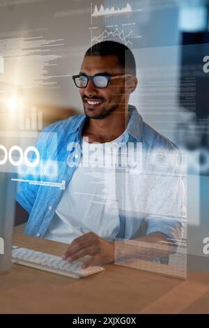 Cyber overlay, screen and man on computer for coding, website development and programming. Cloud research, smile or IT technician typing code for Stock Photo
