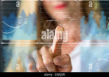 woman touching virtual reality icons Stock Photo