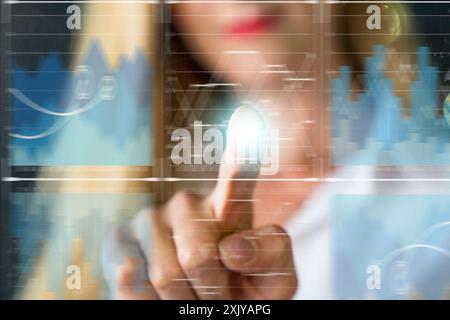 woman touching virtual reality icons Stock Photo