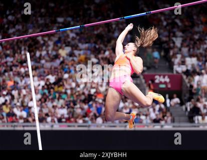 Angelica Moser of Switzerland in action in Women's Pole Vault Final during the London Athletics Meet at the London Stadium. Picture date: Saturday July 20, 2024. Stock Photo