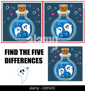 Find differences, education game for children. Cute ghosts in a glass cone. Funny creepy character. Spook the phantom. Stock Photo