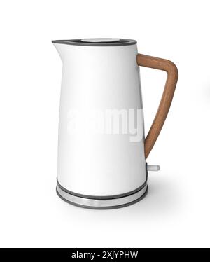 Electric kettle, isolated on white. Stylish modern white kettle with wooden handle. With clipping path Stock Photo