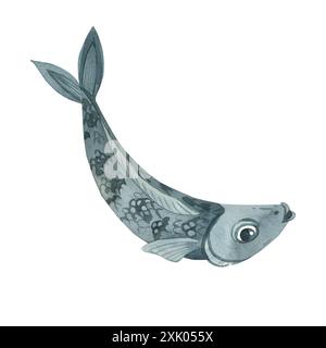 A small blue fish with shiny scales, hand-painted in watercolor. The fish jumps out of the water. Watercolor illustration. Suitable for stickers. Stock Photo