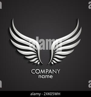 3d silver wings logo, shiny metal icon Stock Vector
