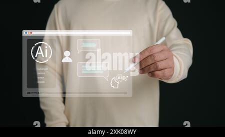 Human hand holding a stylus pen touching a virtual screen displaying questions and answers with artificial intelligence, Machine learning, AI technolo Stock Photo