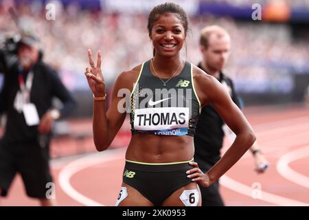 London Stadium, London, UK. 20th July, 2024. 2024 London Diamond League Athletics; Gabrielle Thomas (USA) celebrates after she wins the women's 200m in 21.82 and a Meeting Record Credit: Action Plus Sports/Alamy Live News Stock Photo