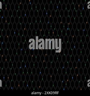 Black mesh net seamless pattern with colorful dots as lights. Tech style pixelated background. Stock Vector