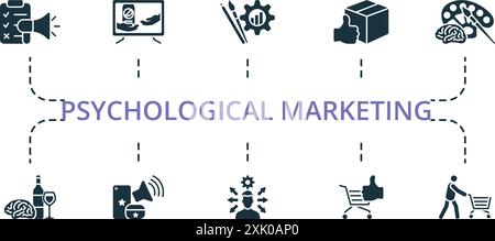 Psychological Marketing icon set. Monochrome simple Psychological Marketing icon collection. Sensory Marketing, Nlp, Cognitive, Reward Escalation Stock Vector