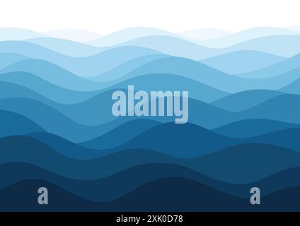 Blue waves abstract gradual background illustrate the sea or ocean water surface, or mountain ranges and rolling hills silhouettes. Stock Vector