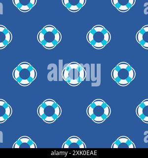 Lifebuoy seamless pattern design. Blue background marine life theme. Stock Vector
