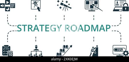 Strategy Roadmap icon set. Monochrome simple Strategy Roadmap icon collection. Brainstorming, Workplace, Project Management, Computer Engineer Stock Vector