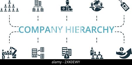 Company Hierarchy icon set. Monochrome simple Company Hierarchy icon collection. Hierarchy, Organization, Employee, Globalization, Brand, Production Stock Vector