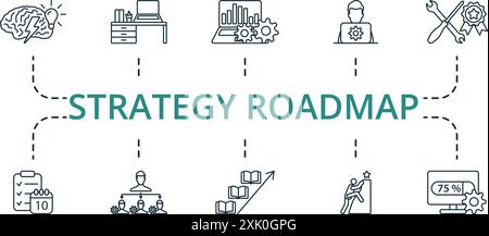 Strategy Roadmap thin line icon set. Monochrome simple Strategy Roadmap icon collection. Brainstorming, Workplace, Project Management, Computer Stock Vector