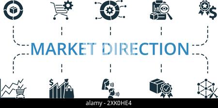 Market Direction icon set. Monochrome simple Market Direction icon collection. Monitoring System, Production Priorities, System Integration, Focus On Stock Vector