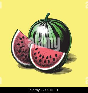 Watermelon illustration with slices, perfect for summer and festive occasions like Ferragosto Stock Vector