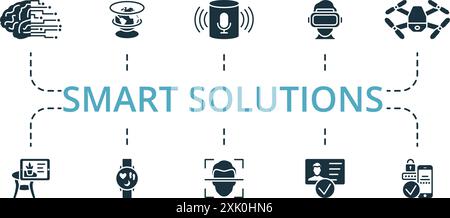 Smart Solutions icon set. Monochrome simple Smart Solutions icon collection. Artificial, Hologram, Voice Assistant, Virtual Glasses, Air Drone Stock Vector