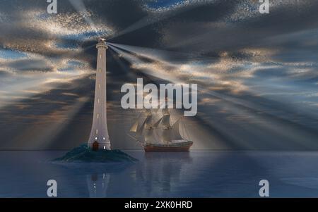 Lighthouse & Sailing Ship Stock Photo