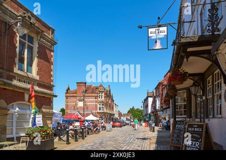 Old Hemel Hempstead town centre in summertime, Hertfordshire, UK, with market Stock Photo