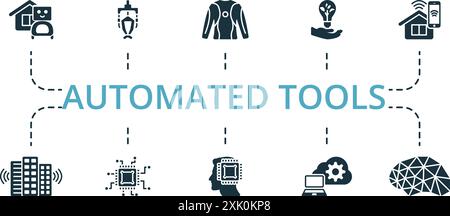 Automated Tools icon set. Monochrome simple Automated Tools icon collection. Augmented Reality, Smart Watch, Face Recognition, Identification Stock Vector