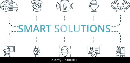 Smart Solutions thin line icon set. Monochrome simple Smart Solutions icon collection. Artificial, Hologram, Voice Assistant, Virtual Glasses, Air Stock Vector