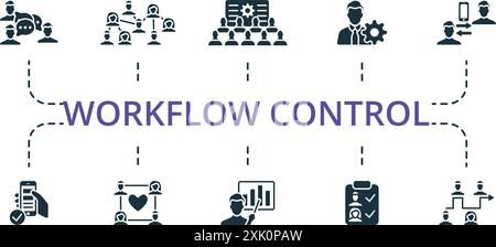 Workflow Control thin line icon set. Monochrome simple Workflow Control icon collection. Focus Group, Organization, Conference, Specialist Stock Vector