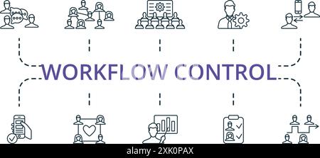 Workflow Control thin line icon set. Monochrome simple Workflow Control icon collection. Focus Group, Organization, Conference, Specialist Stock Vector