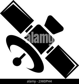 Black vector icon of a satellite transmitting signals. Stock Vector
