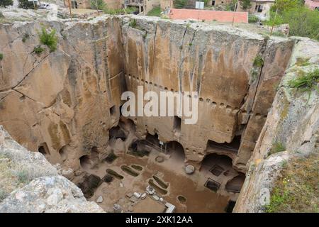 View of the rock-hewn Gumusler Monastery, Turkey Stock Photo