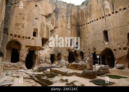 View of the rock-hewn Gumusler Monastery, Turkey Stock Photo