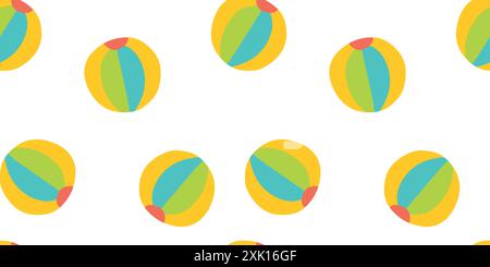 Seamless beach ball repeating background pattern. Flat Summer Toy in colors of blue, green, yellow Isolated on white background. Cartoon Vector Templa Stock Vector