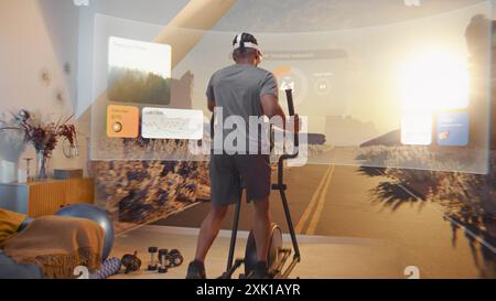 African American sportsman wearing AR headset trains on orbitrek. Virtual screen shows landscape and fitness application interface with timer and health care statistics. Metaverse futuristic home gym. Stock Photo