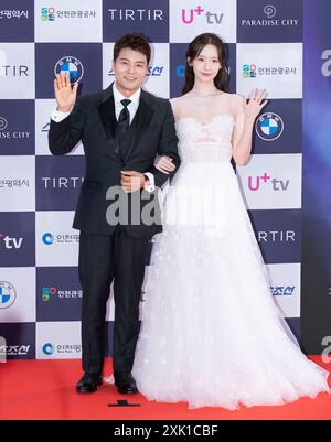 Incheon, South Korea. 19th July, 2024. (R to L) South Korean actress and singer Im Yoon-ah, member of K-Pop girl group Girls Generation and television personality Jun Hyun-moo, arrived red carpet during a ‘3rd Blue Dragon Series Awards' at Paradise City Chroma in Incheon, South Korea on July 19, 2024. (Photo by Lee Young-ho/Sipa USA) Credit: Sipa USA/Alamy Live News Stock Photo