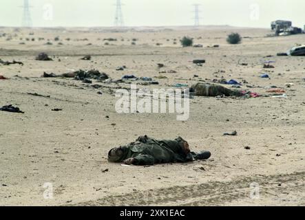 4th March 1991 The bodies of an Iraqi soldiers lying in the desert. They were crew members of an Avibrás ASTROS-II SS-30 multiple rocket system, which was destroyed by USAF fighter jets. Stock Photo